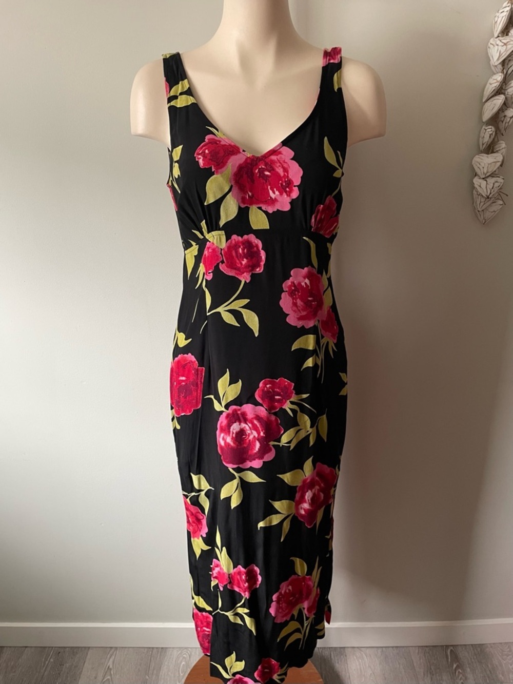 Vintage Black Midi Dress with Pink Floral Print